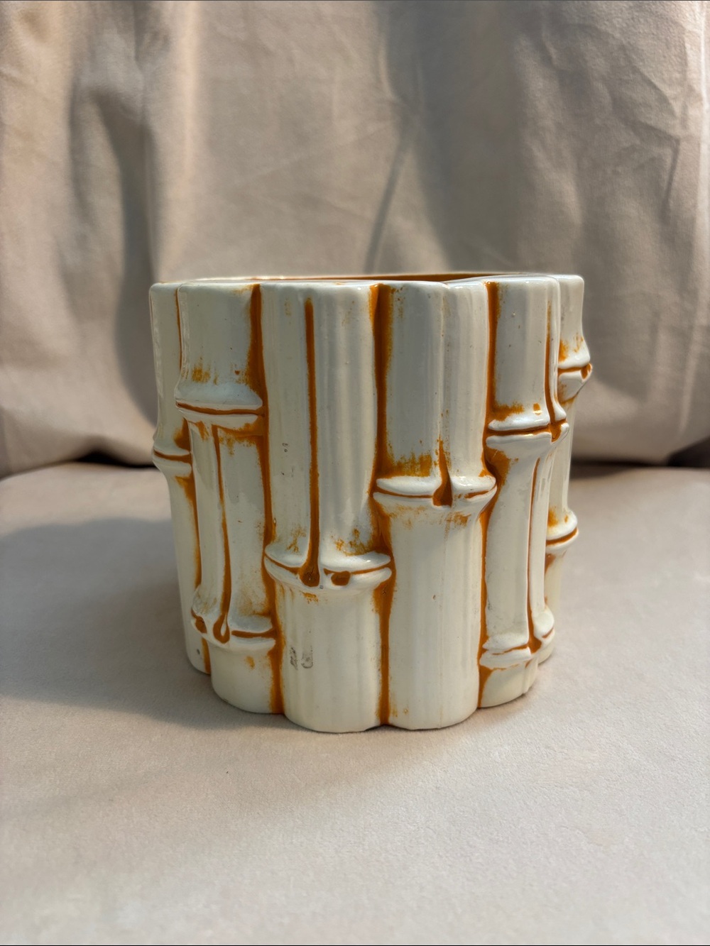 MCM Vintage White and Tan Bamboo Ceramic Planter Classic Mod